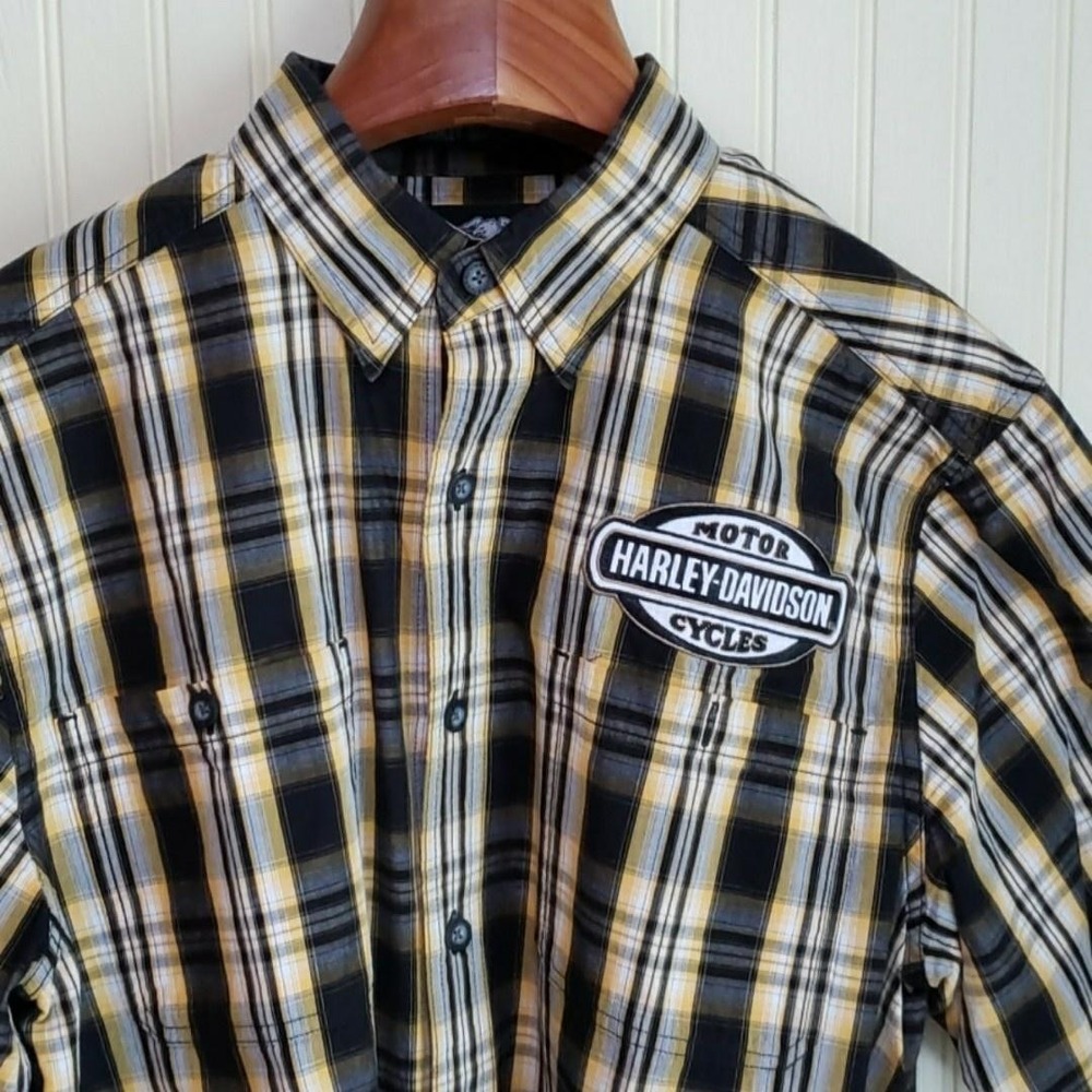 Harley-Davidson Shirt Mens Large Yellow Black Plaid Short Sleeve Button Up Patch